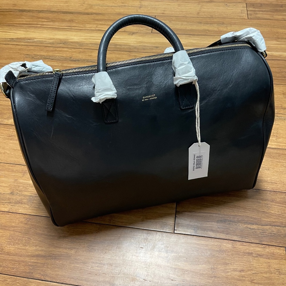 Sandqvist Black Leather “Ingrid” Weekender Bag